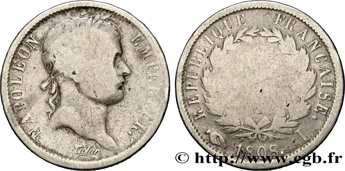 2 francs Napoléon Ier tête laurée, République française 1808 Limoges F.254/6 VG8 