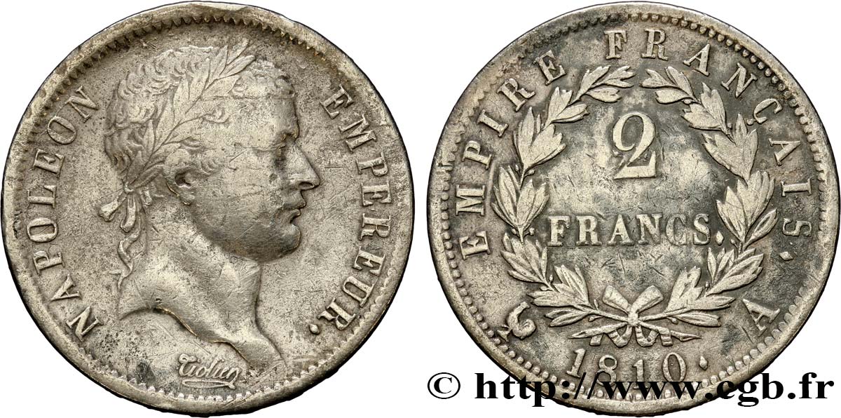 2 francs Napoléon Ier tête laurée, Empire français 1810 Paris F.255/10 BC35 