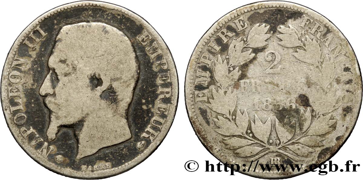 2 francs Napoléon III, tête nue, grand BB 1856 Strasbourg F.262/6 VG 