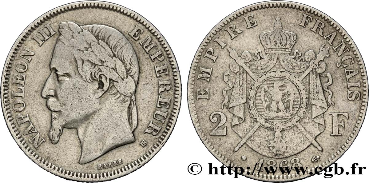 2 francs Napoléon III, tête laurée  1868 Strasbourg F.263/9 VF30 