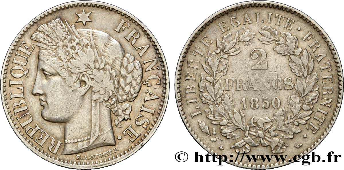2 francs Cérès, IIe République 1850  Strasbourg F.261/5 TB30 