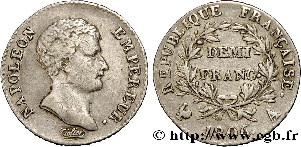 Demi-franc Napoléon Empereur, Calendrier grégorien 1806 Paris F.175/1 TTB40 