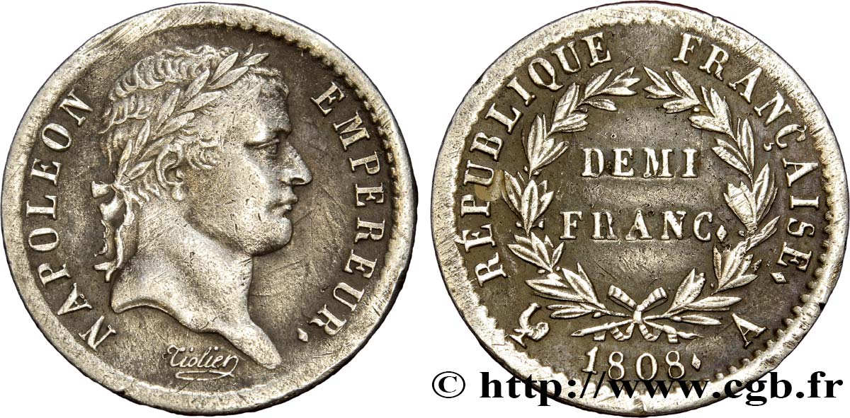Demi-franc Napoléon Ier tête laurée, République française 1808 Paris F.177/2 MBC48 