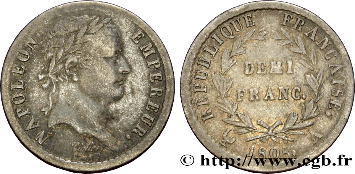 Demi-franc Napoléon Ier tête laurée, République française 1808 Paris F.177/2 XF40 
