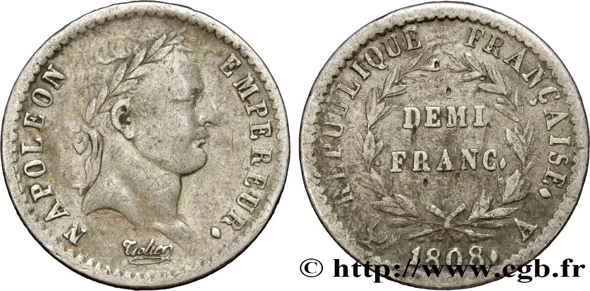 Demi-franc Napoléon Ier tête laurée, République française 1808 Paris F.177/2 TB35 