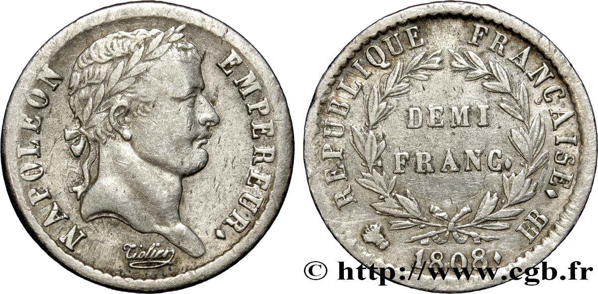 Demi-franc Napoléon Ier tête laurée, République française 1808 Strasbourg F.177/4 TTB45 