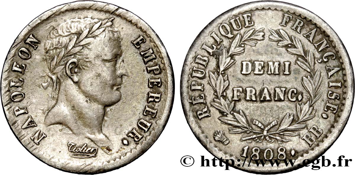Demi-franc Napoléon Ier tête laurée, République française 1808 Strasbourg F.177/4 TTB50 