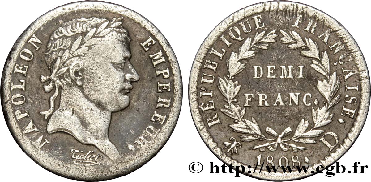 Demi-franc Napoléon Ier tête laurée, République française 1808 Lyon F.177/5 S35 