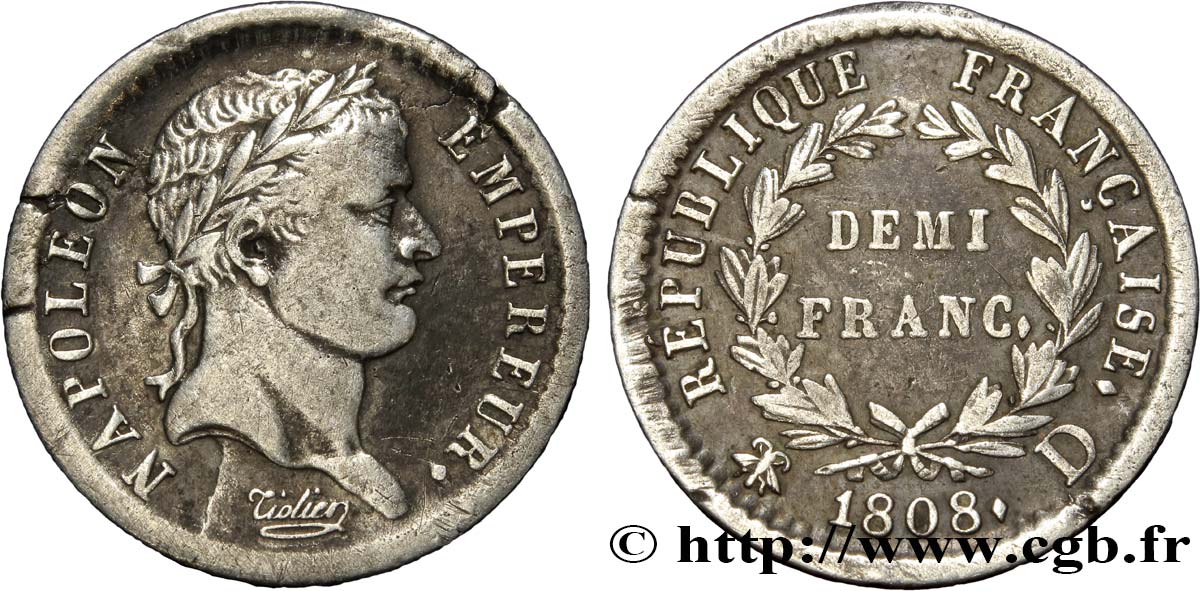 Demi-franc Napoléon Ier tête laurée, République française 1808 Lyon F.177/5 TB 
