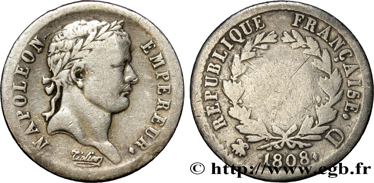 Demi-franc Napoléon Ier tête laurée, République française 1808 Lyon F.177/5 F14 