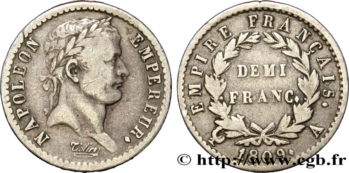 Demi-franc Napoléon Ier tête laurée, Empire français 1809 Paris F.178/1 TB35 