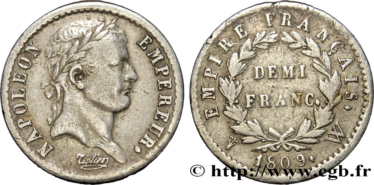 Demi-franc Napoléon Ier tête laurée, Empire français 1809 Lille F.178/9 TB30 