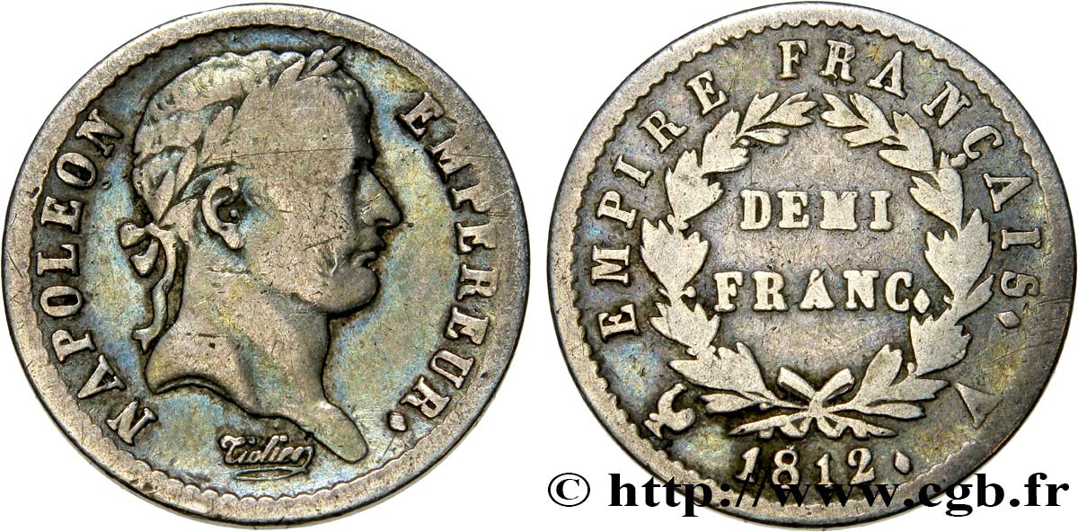 Demi-franc Napoléon Ier tête laurée, Empire français 1812 Paris F.178/35 VF25 