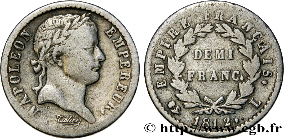 Demi-franc Napoléon Ier tête laurée, Empire français 1812 Bayonne F.178/41 TB20 