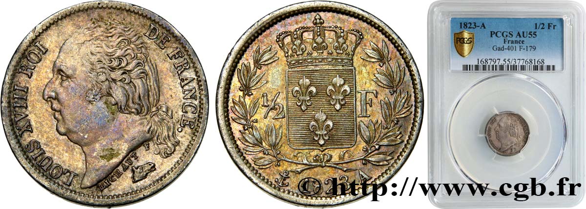 1/2 franc Louis XVIII 1823 Paris F.179/34 AU55 PCGS
