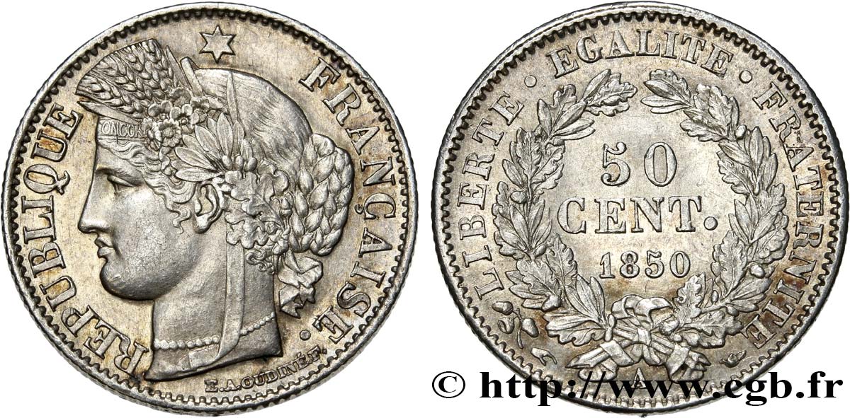 50 centimes Cérès, IIe République 1850 Paris F.184/2 MS60 