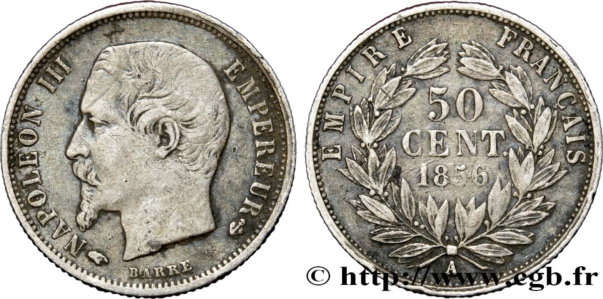 50 centimes Napoléon III, tête nue 1856 Paris F.187/4 VF35 