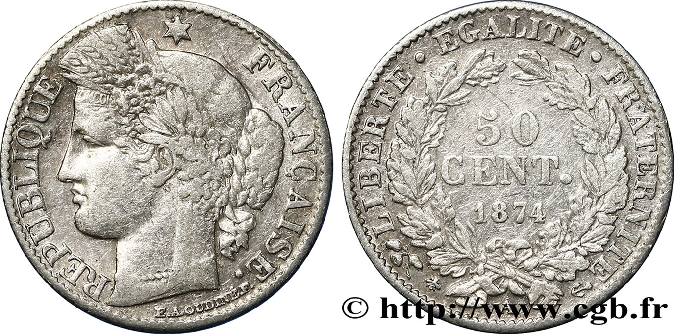 50 centimes Cérès, IIIe République 1874 Paris F.189/7 TB30 