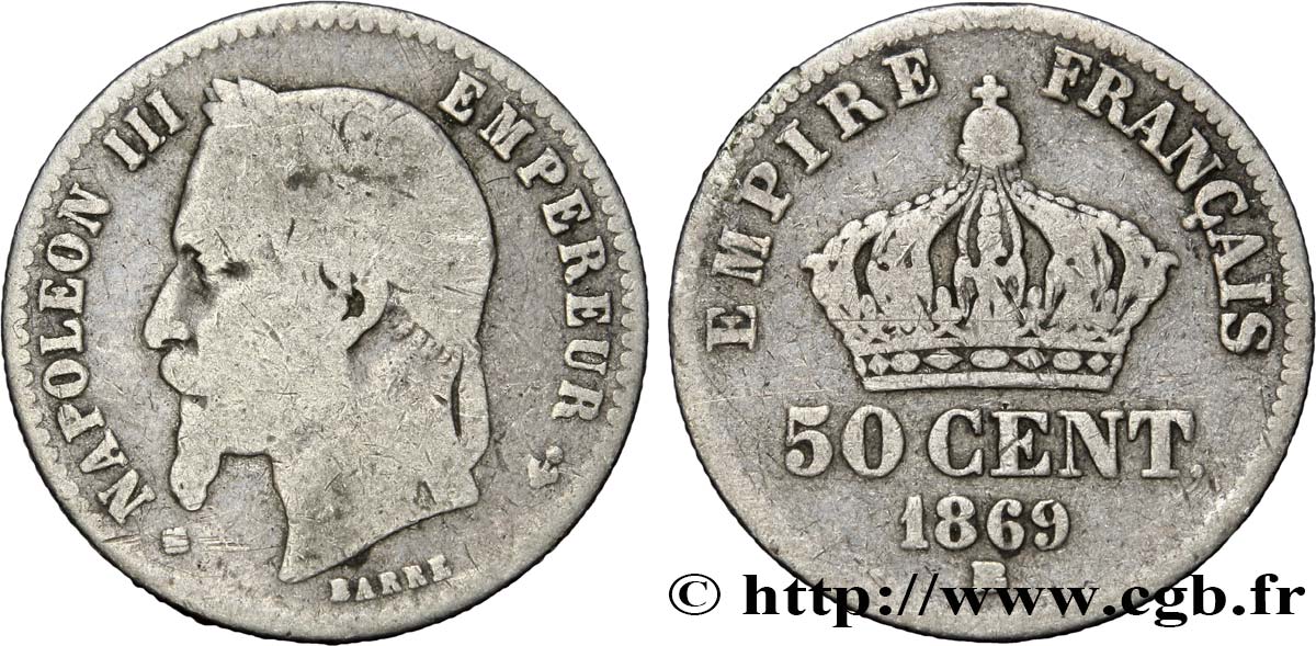 50 centimes Napoléon III, tête laurée 1869 Strasbourg F.188/23 B12 