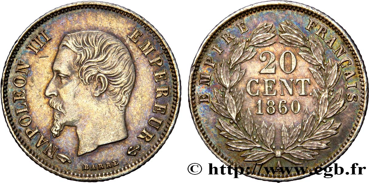 20 centimes Napoléon III, tête nue 1860 Paris F.148/13 AU50 
