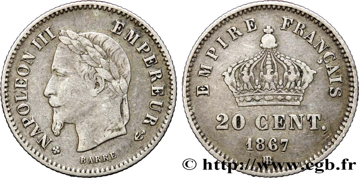 20 centimes Napoléon III, tête laurée, grand module 1867 Strasbourg F.150/2 TTB40 