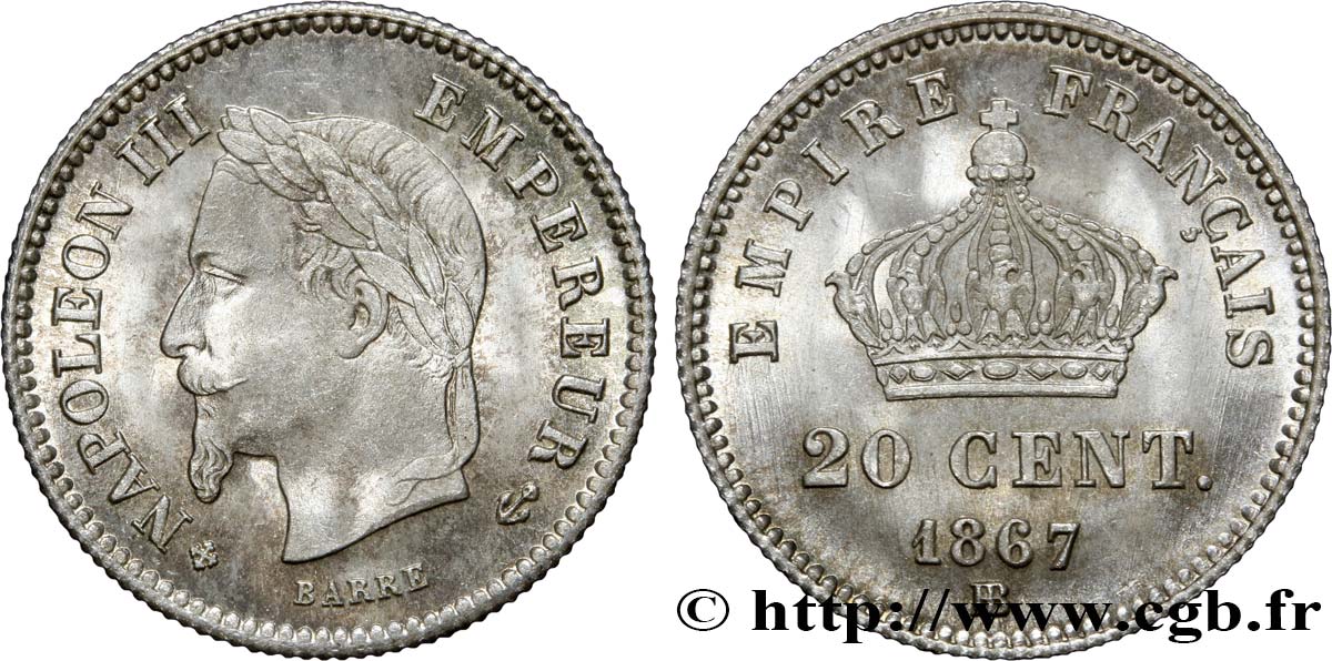 20 centimes Napoléon III, tête laurée, grand module 1867 Strasbourg F.150/2 EBC62 