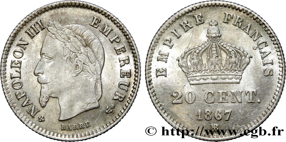 20 centimes Napoléon III, tête laurée, grand module 1867 Strasbourg F.150/2 EBC58 