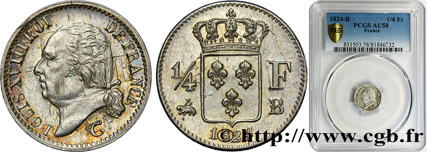 1/4 franc Louis XVIII  1824 Rouen F.163/32 AU58 PCGS