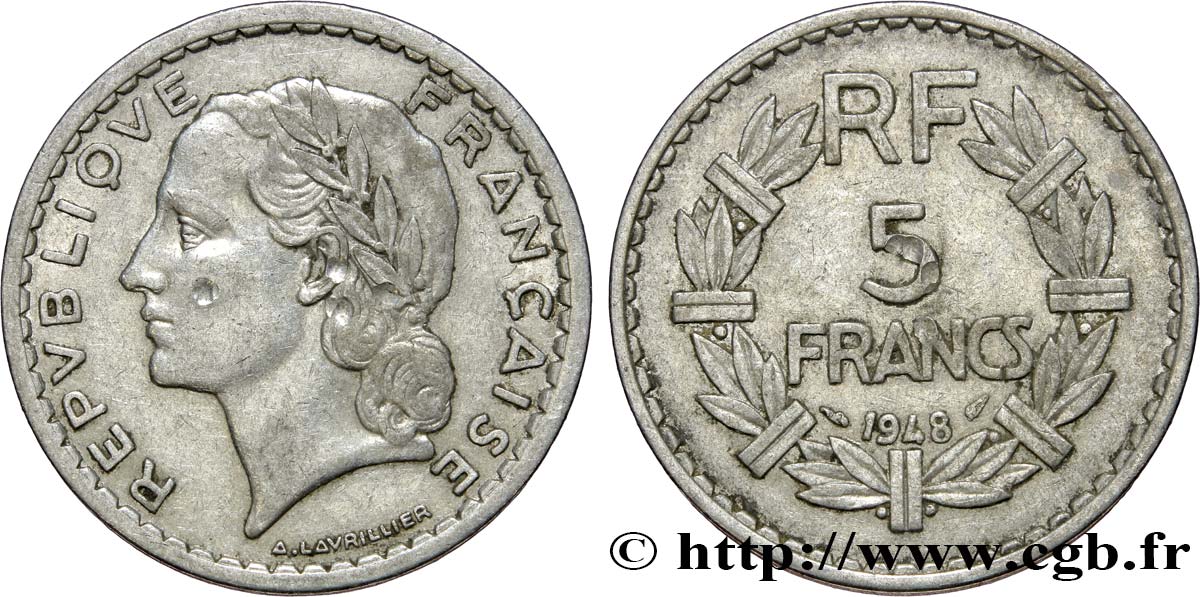 5 francs Lavrillier, aluminium, 9 fermé 1948  F.339/14 S30 