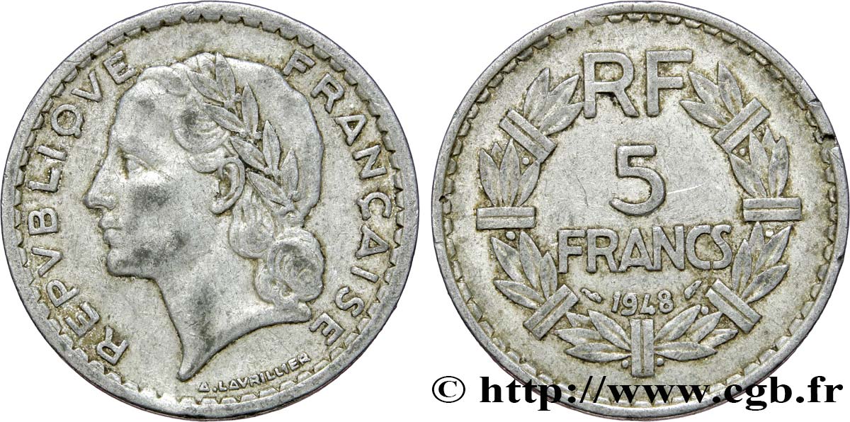 5 francs Lavrillier, aluminium, 9 fermé 1948  F.339/14 TB30 