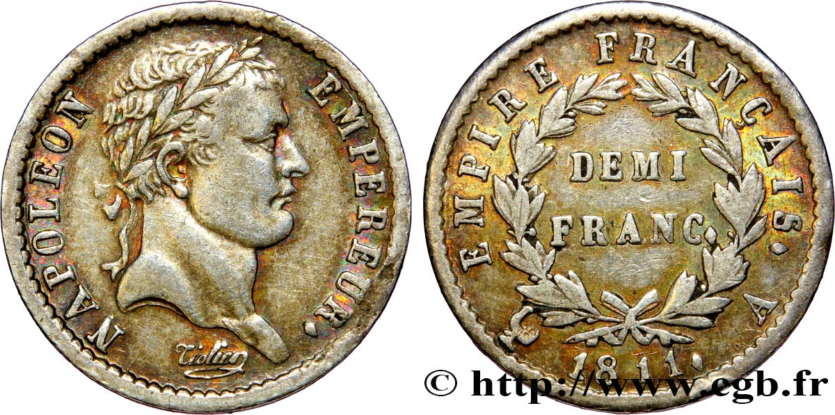 Demi-franc Napoléon Ier tête laurée, Empire français 1811 Paris F.178/21 SS45 