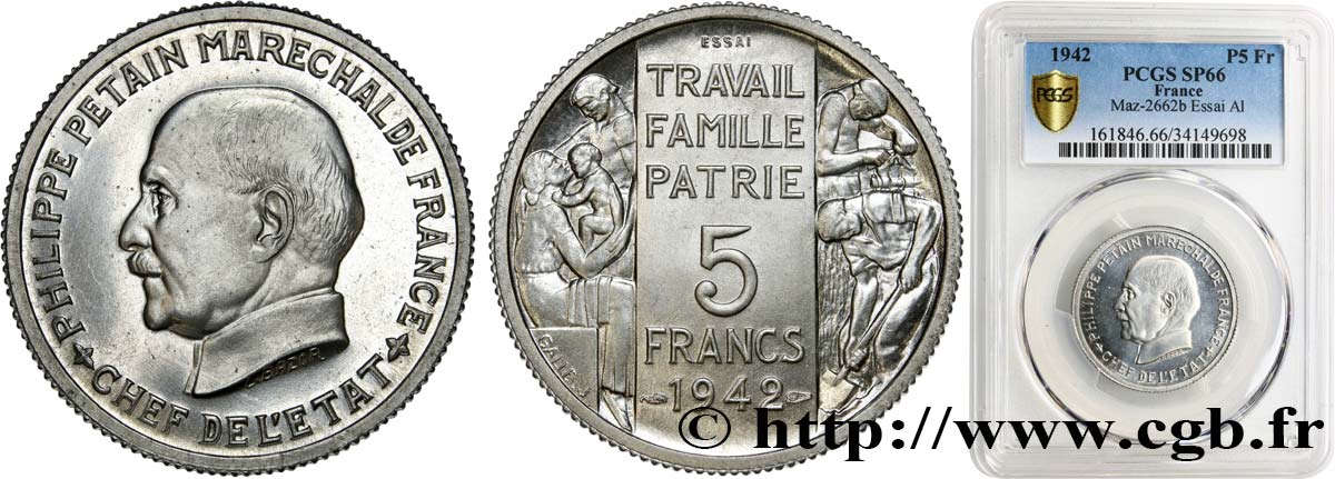 Essai grand module de 5 francs Pétain en aluminium par Bazor et Galle 1942 Paris GEM.143 3 MS66 PCGS