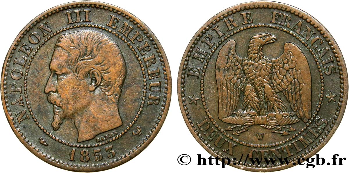 Deux centimes Napoléon III, tête nue 1853 Lille F.107/8 S35 