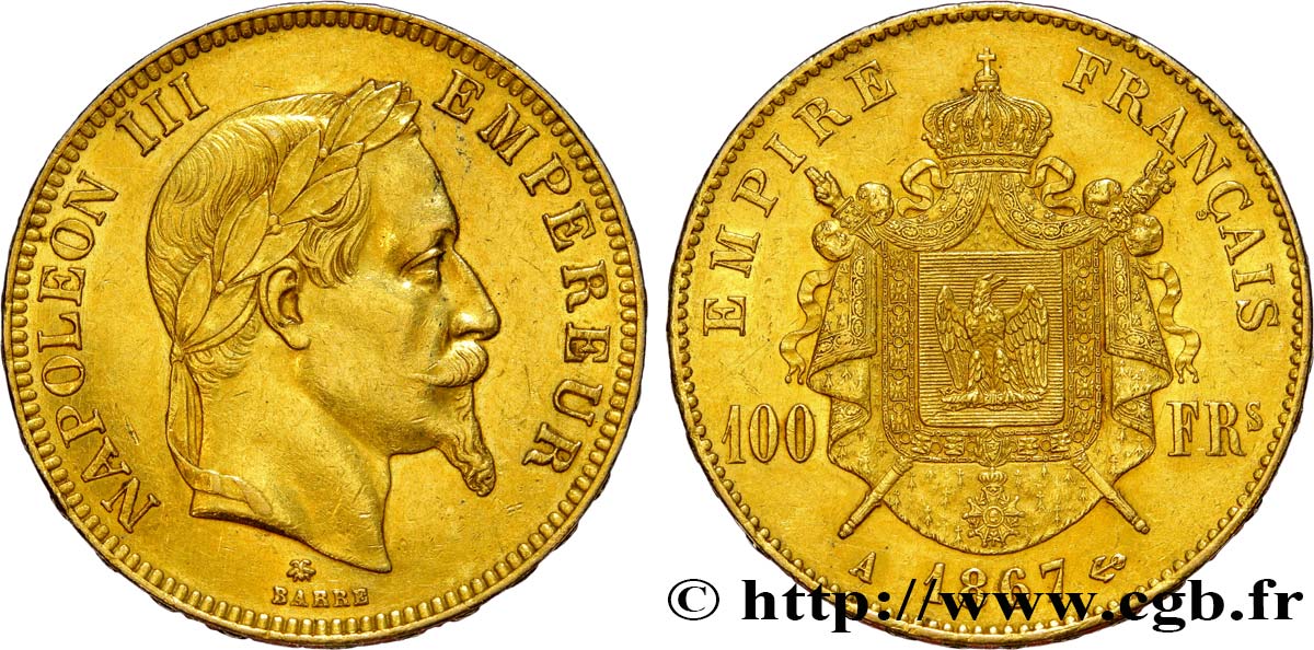 100 francs or Napoléon III, tête laurée 1867 Paris F.551/8 AU52 