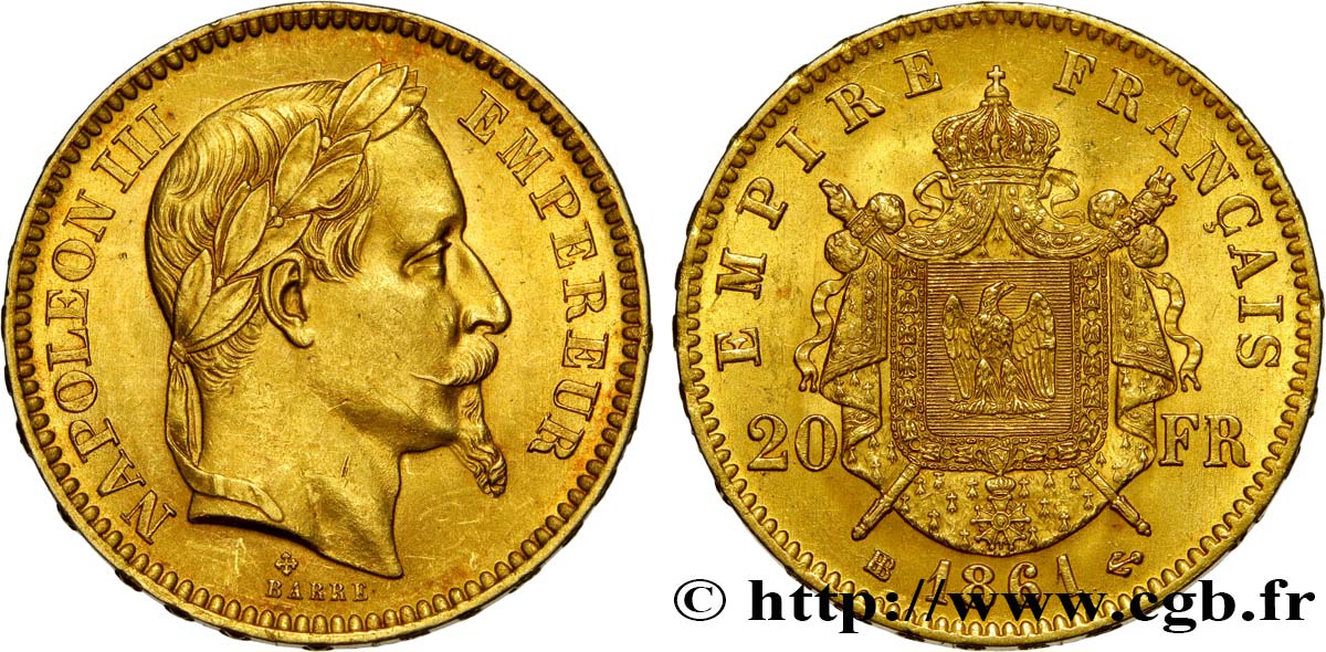 20 francs or Napoléon III, tête laurée 1861 Strasbourg F.532/2 SUP62 