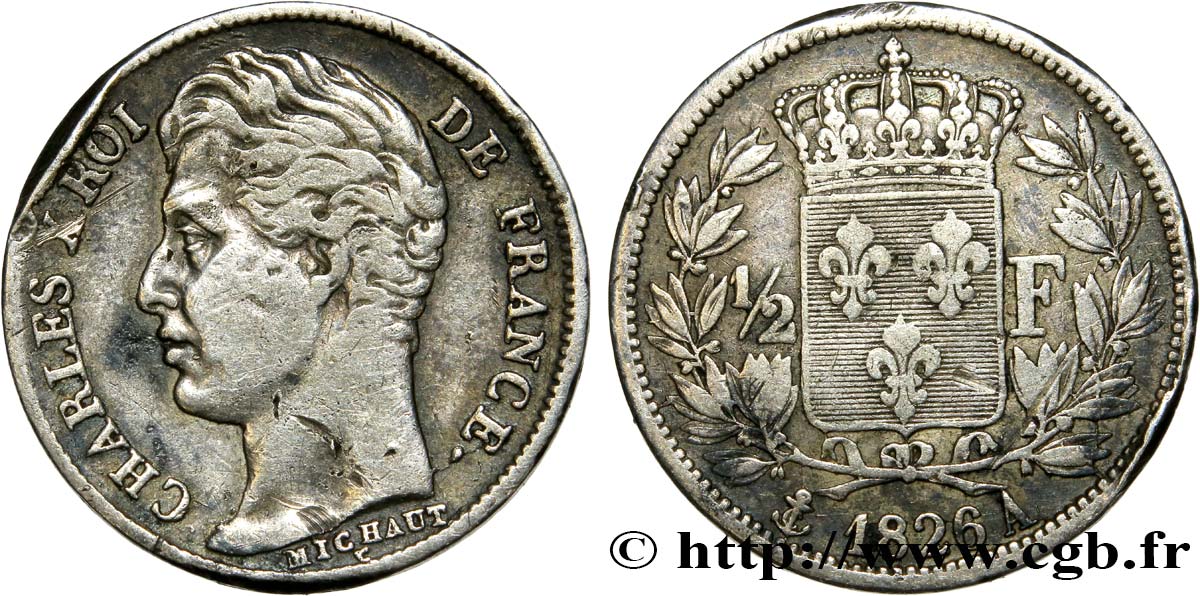 1/2 franc Charles X 1826 Paris F.180/2 TB+ 