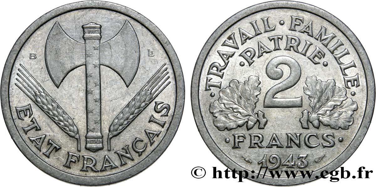 2 francs Francisque 1943 Beaumont-Le-Roger F.270/3 AU55 