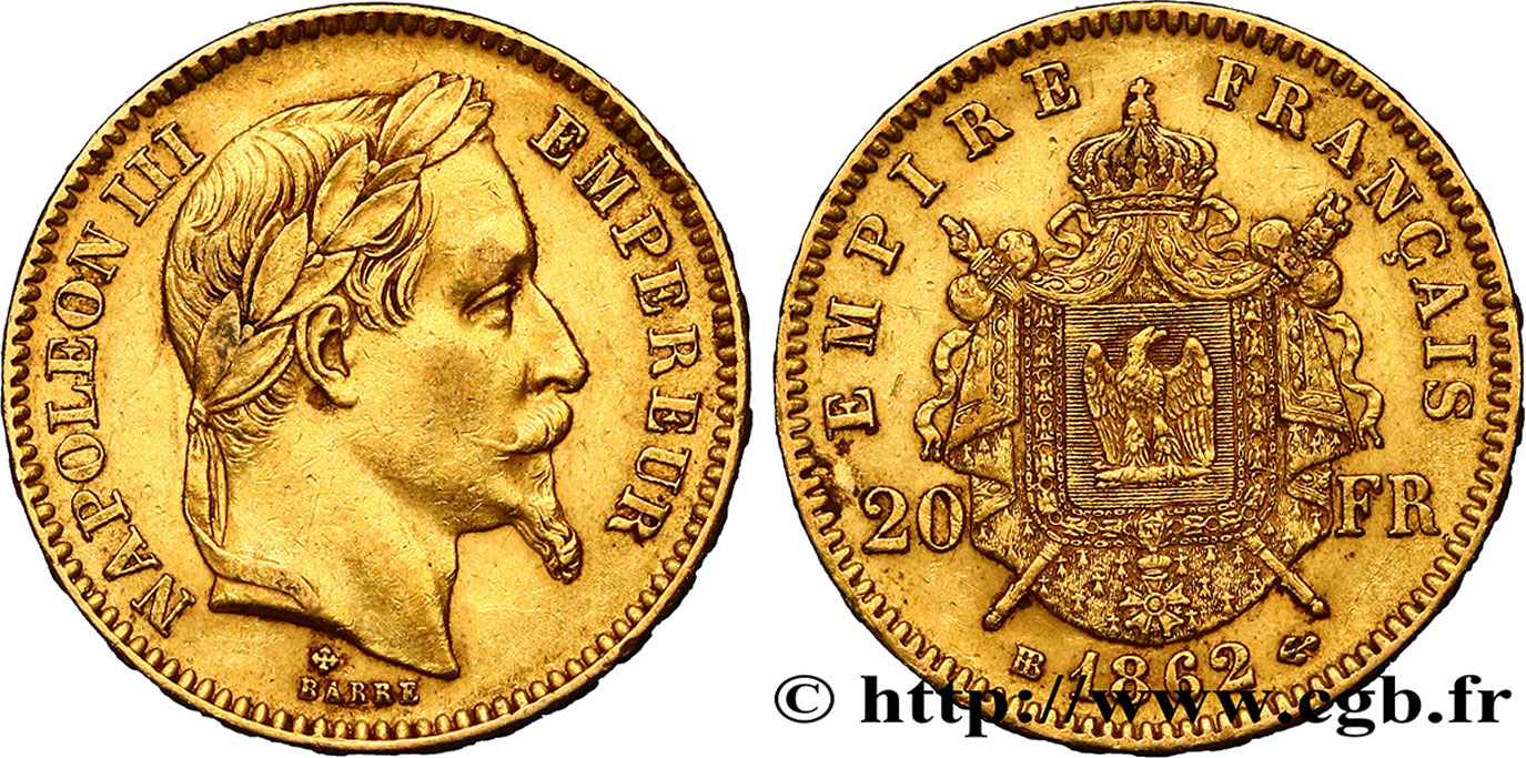 20 francs or Napoléon III, tête laurée 1862 Strasbourg F.532/5 AU50 
