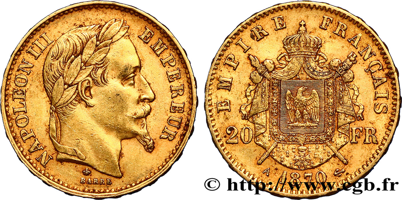 20 francs or Napoléon III, tête laurée 1870 Paris F.532/23 XF48 