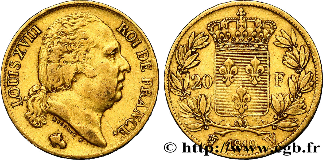 20 francs or Louis XVIII, tête nue 1819 Lille F.519/18 XF40 