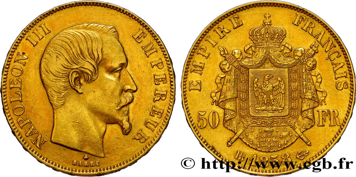 50 francs or Napoléon III, tête nue 1858 Strasbourg F.547/6 XF45 