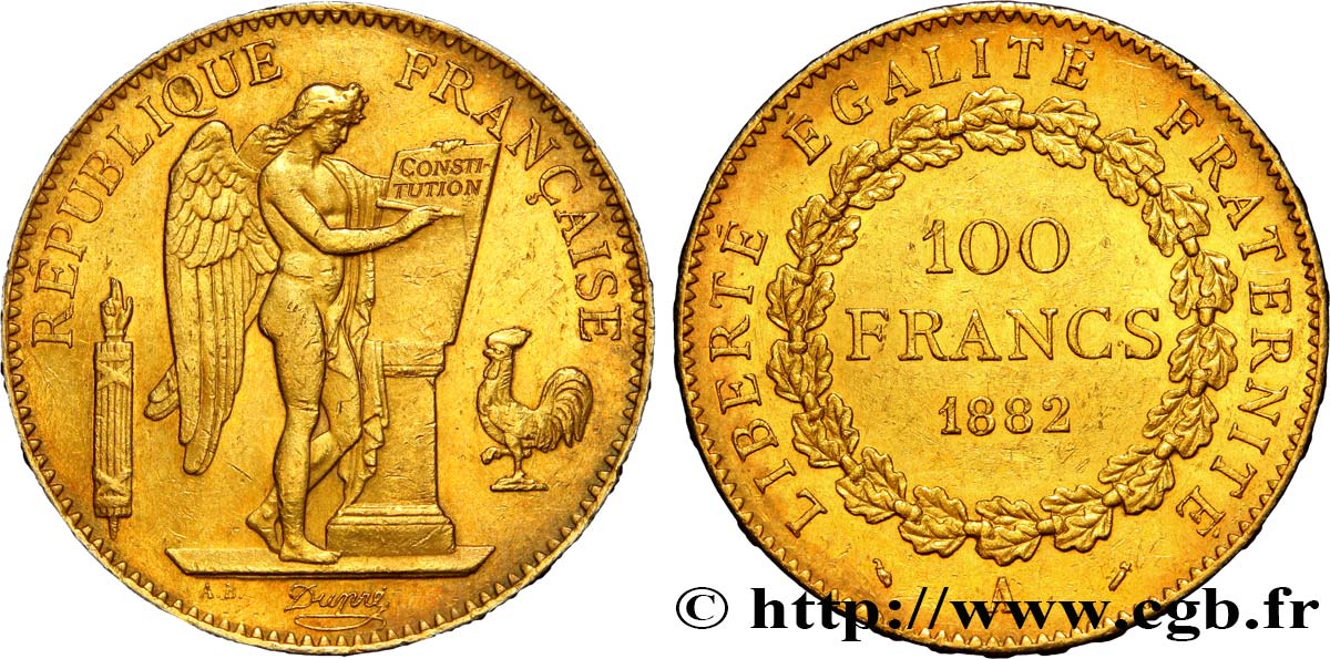 100 francs or Génie, tranche inscrite en relief Dieu protège la France 1882 Paris F.552/5 MBC52 