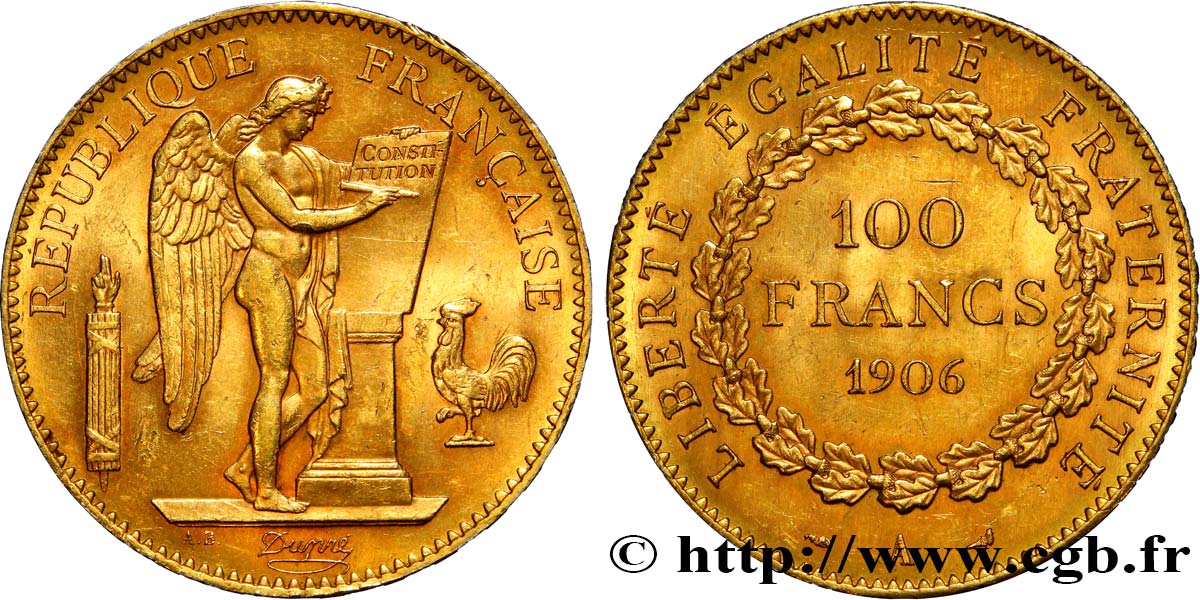 100 francs or Génie, tranche inscrite en relief Dieu protège la France 1906 Paris F.552/19 SUP 