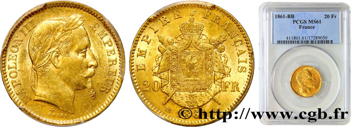 20 francs or Napoléon III, tête laurée 1861 Strasbourg F.532/2 VZ61 PCGS