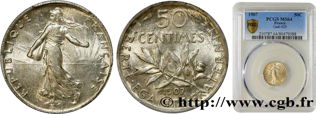50 centimes Semeuse 1907 Paris F.190/14 MS64 PCGS