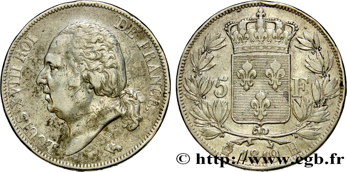 5 francs Louis XVIII, tête nue 1819 La Rochelle F.309/43 TB35 