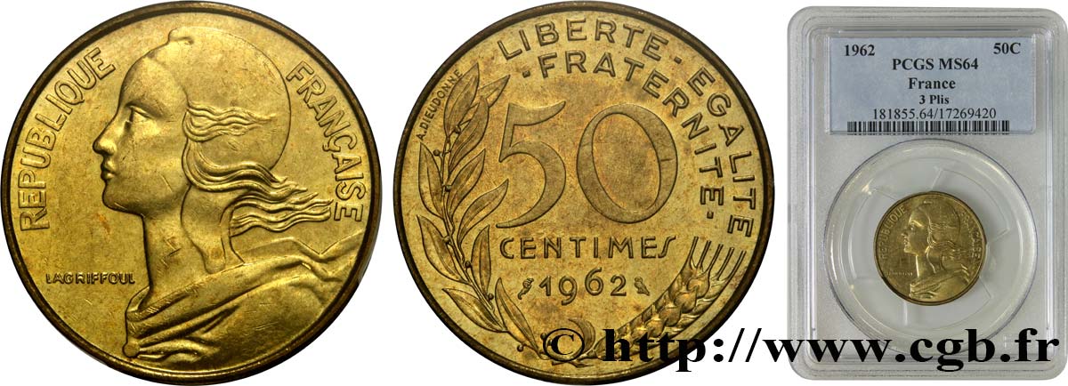 50 centimes Marianne, col à trois plis 1962 Paris F.197/2 SC64 PCGS