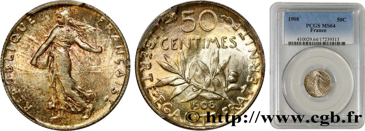 50 centimes Semeuse 1908 Paris F.190/15 SPL64 PCGS