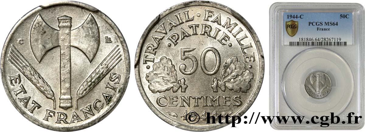 50 centimes Francisque, légère 1944 Castelsarrasin F.196/6 MS64 PCGS