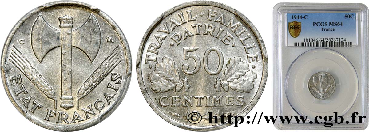 50 centimes Francisque, légère 1944 Castelsarrasin F.196/6 MS64 PCGS